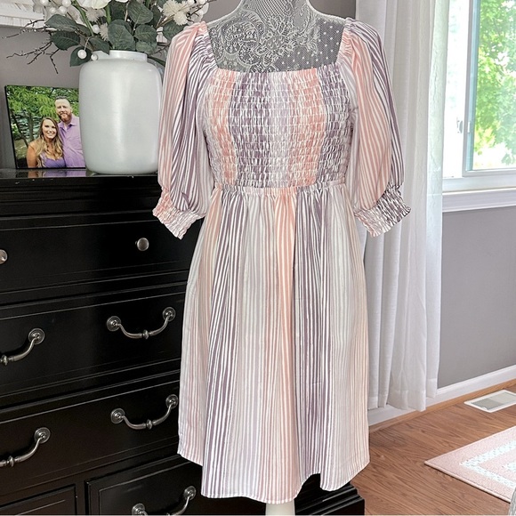 Ophelia Roe Smocked Puff Sleeve Pink & Purple Striped Mini Dress – Size Small - Picture 2 of 8